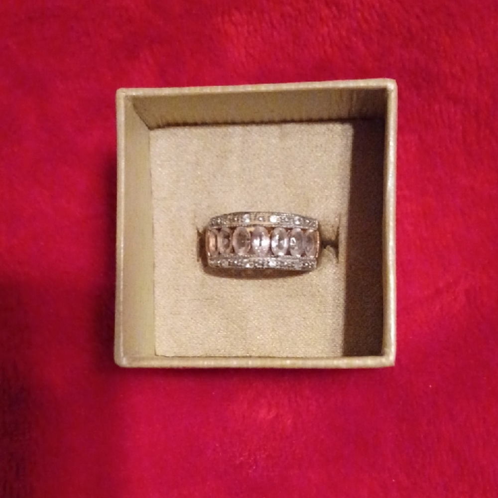 18k Gold Over Sterling Silver Faux Morganite Ring With Faux Diamonds. Size 7.